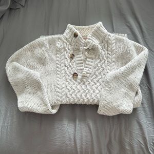 Cat & Jack off wht cottn blnd swter w/ brwn buttons, multi braid, dsgn 👦🏾👦